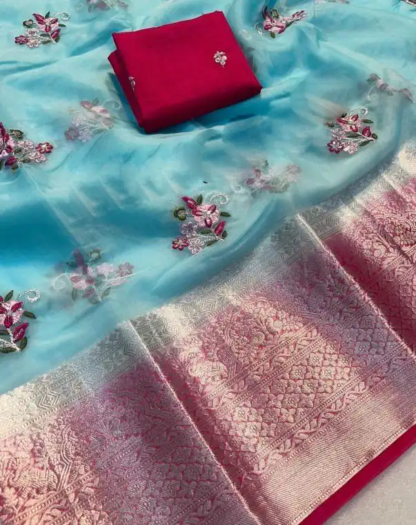 MS 431 Blue Color Nylon Organza Jacquard Embroidered Saree Casual, Party Wear, Wedding, Events, Etc. Expected Delivery 4-6 Working Days 1599/- | Sarees, Bollywood Sarees, Creative Sarees, Designer Sarees, Embroidered Sarees, Ethnic Saree, Modern Digital sarees, Party Wear Sarees