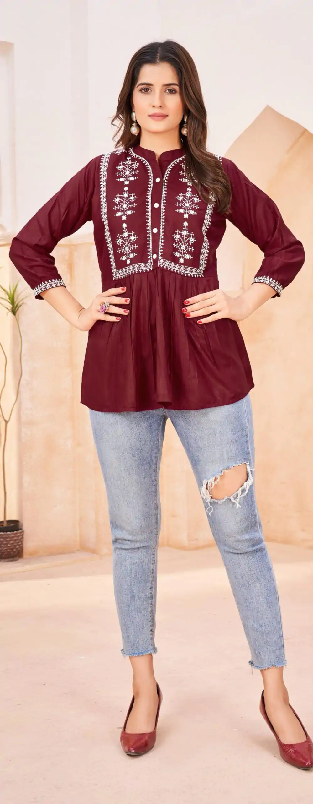 INLI Bubbly Maroon Color Heavy Rayon Embroidery work Kurti Casual, Wedding, Party, Festive, Events Etc. Expected Delivery 4-6 Working Days @999/- | Kurti, Bollywood Kurti, Creative Kurtis, Designer Kurti, Party Wear Kurti, Selfie Kurti