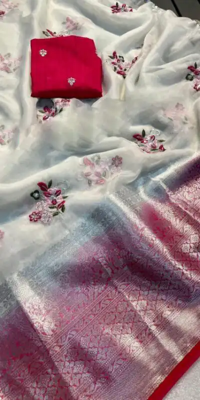 MS - 431 White Color Nylon Organza Jacquard Embroidered Saree Casual, Party Wear, Wedding, Events, Etc. Expected Delivery 4-6 Working Days 1599/- | Sarees, Bollywood Sarees, Creative Sarees, Designer Sarees, Embroidered Sarees, Ethnic Saree, Modern Digital sarees, Party Wear Sarees