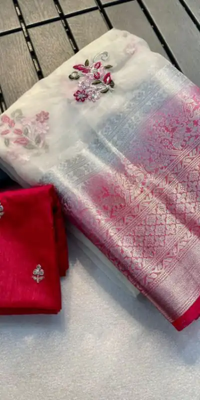 MS - 431 White Color Nylon Organza Jacquard Embroidered Saree Casual, Party Wear, Wedding, Events, Etc. Expected Delivery 4-6 Working Days 1599/- | Sarees, Bollywood Sarees, Creative Sarees, Designer Sarees, Embroidered Sarees, Ethnic Saree, Modern Digital sarees, Party Wear Sarees