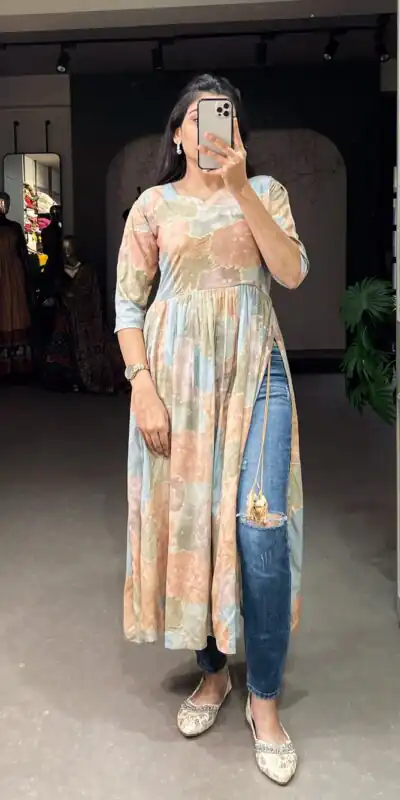 YNF 3305 Chiku Color: Fabrics: :- Rayon cotton With Foil Print Stitch Type: Fully-Stitched inside 2 inch extra margin support up to 36” to 40 ) | Kurti, Bollywood Kurti, Creative Kurtis, Designer Kurti, Party Wear Kurti, Selfie Kurti