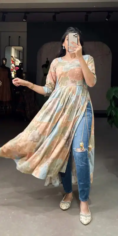 YNF 3305 Chiku Color: Fabrics: :- Rayon cotton With Foil Print Stitch Type: Fully-Stitched inside 2 inch extra margin support up to 36” to 40 ) | Kurti, Bollywood Kurti, Creative Kurtis, Designer Kurti, Party Wear Kurti, Selfie Kurti