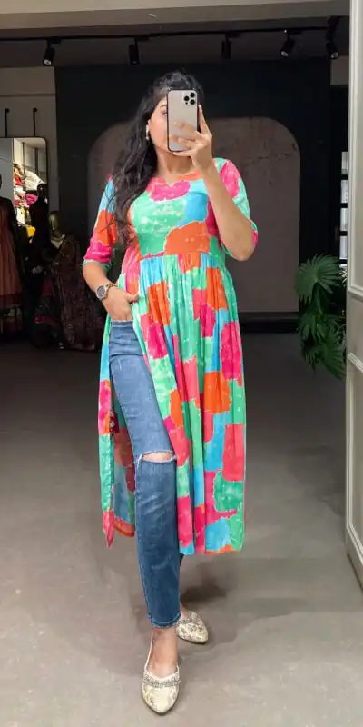 YNF 3305 Green Color: Fabrics: :- Rayon cotton With Foil Print Stitch Type: Fully-Stitched inside 2 inch extra margin support up to 36” to 40 ) | Kurti, Bollywood Kurti, Creative Kurtis, Designer Kurti, Party Wear Kurti, Selfie Kurti