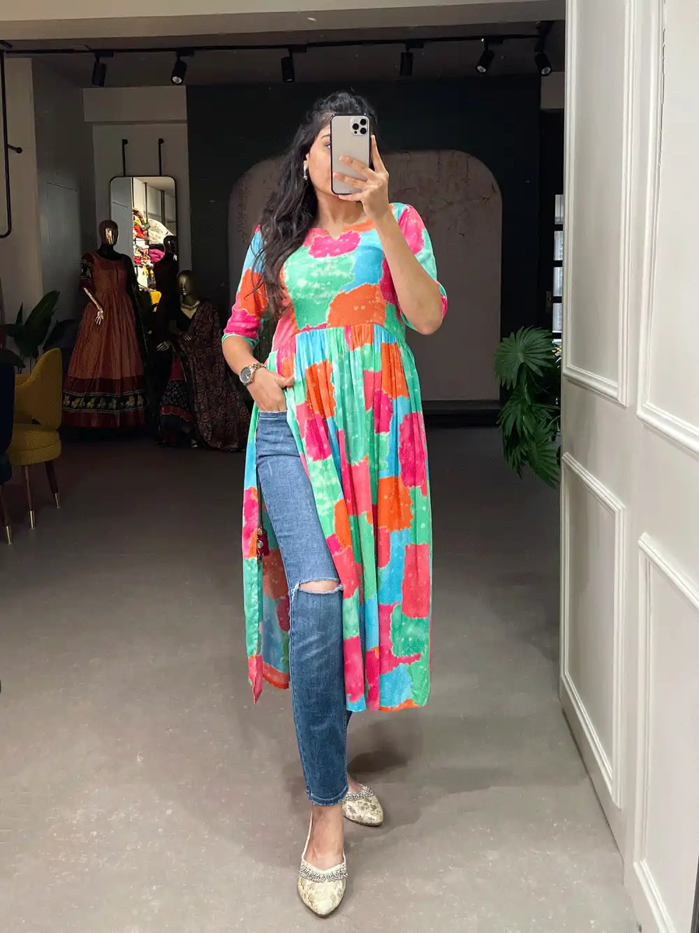 YNF 3305 Green Color: Fabrics: :- Rayon cotton With Foil Print Stitch Type: Fully-Stitched inside 2 inch extra margin support up to 36” to 40 ) | Kurti, Bollywood Kurti, Creative Kurtis, Designer Kurti, Party Wear Kurti, Selfie Kurti