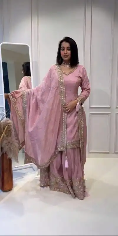 NSR 802 Pink Color Chinnon Silk Embroidery Sequence Work Sharara Suit Casual, Wedding, Party, Festive, Events Etc. Expected Delivery 4-6 Working Days 2099/- | Jump Suits, Salwar suit, Designer Suits, Casual Suits, Creative suits, Palazzo Suits, Party Wear Suits, Patiala Suits, Straight Suits