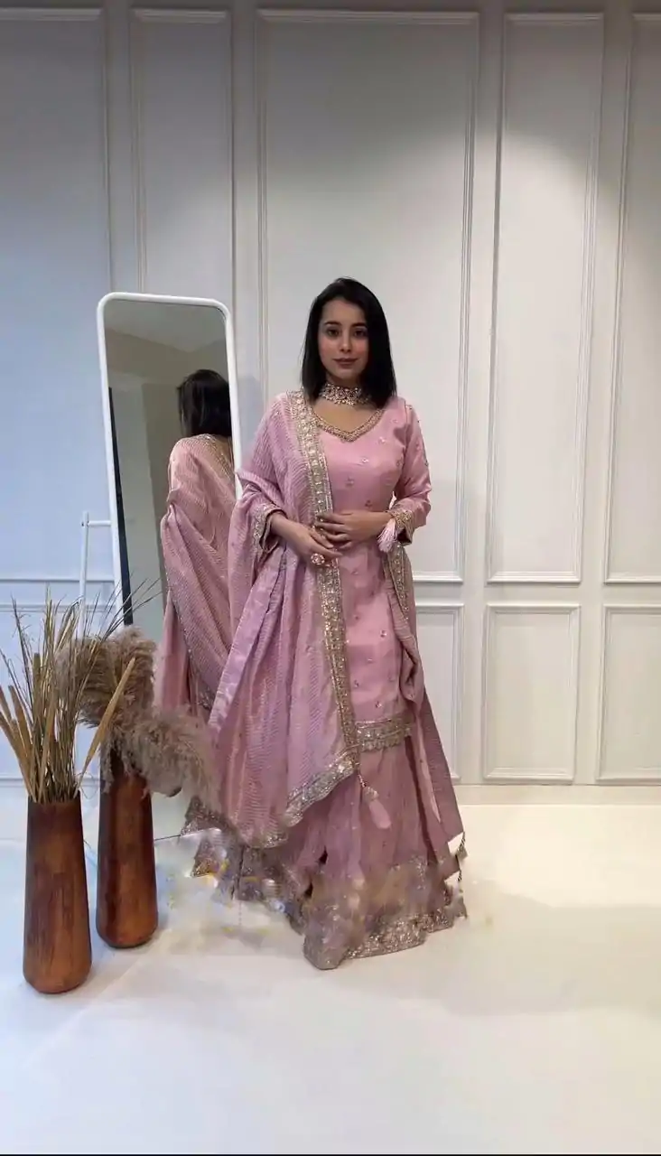 NSR 802 Pink Color Chinnon Silk Embroidery Sequence Work Sharara Suit Casual, Wedding, Party, Festive, Events Etc. Expected Delivery 4-6 Working Days 2099/- | Jump Suits, Salwar suit, Designer Suits, Casual Suits, Creative suits, Palazzo Suits, Party Wear Suits, Patiala Suits, Straight Suits