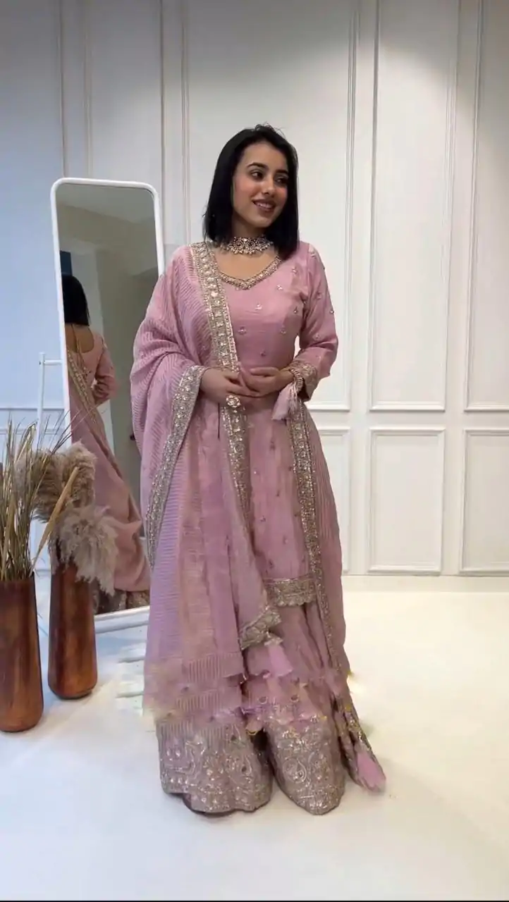 NSR 802 Pink Color Chinnon Silk Embroidery Sequence Work Sharara Suit Casual, Wedding, Party, Festive, Events Etc. Expected Delivery 4-6 Working Days 2099/- | Jump Suits, Salwar suit, Designer Suits, Casual Suits, Creative suits, Palazzo Suits, Party Wear Suits, Patiala Suits, Straight Suits