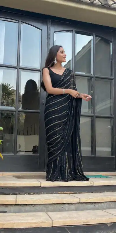 JR 595 Black Color Georgette Sequence Work With Peiping Saree Casual, Party Wear, Wedding, Events Etc. Expected Delivery 4-6 Working Days 1699/- | Sarees, Bollywood Sarees, Creative Sarees, Designer Sarees, Embroidered Sarees, Ethnic Saree, Modern Digital sarees, Party Wear Sarees