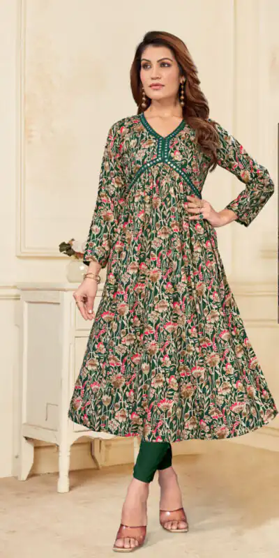 INLI  Alia Green Color Heavy Rayon Print with Foil Work Kurti Casual, Wedding, Party, Festive, Events Etc. Expected Delivery 4-6 Days @1299/- | Kurti, Bollywood Kurti, Creative Kurtis, Designer Kurti, Party Wear Kurti, Selfie Kurti