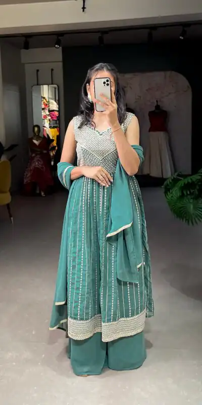 YNF 3503 Green Color Top : Georgette Work : Embroidery Sequence Work Inner : Micro Cotton .Traditional Wear, Events. @1849/- | Gowns, Bollywood Gowns, Creative Gowns, Designer Gowns, Embroidered Gowns, Party Wear Gowns