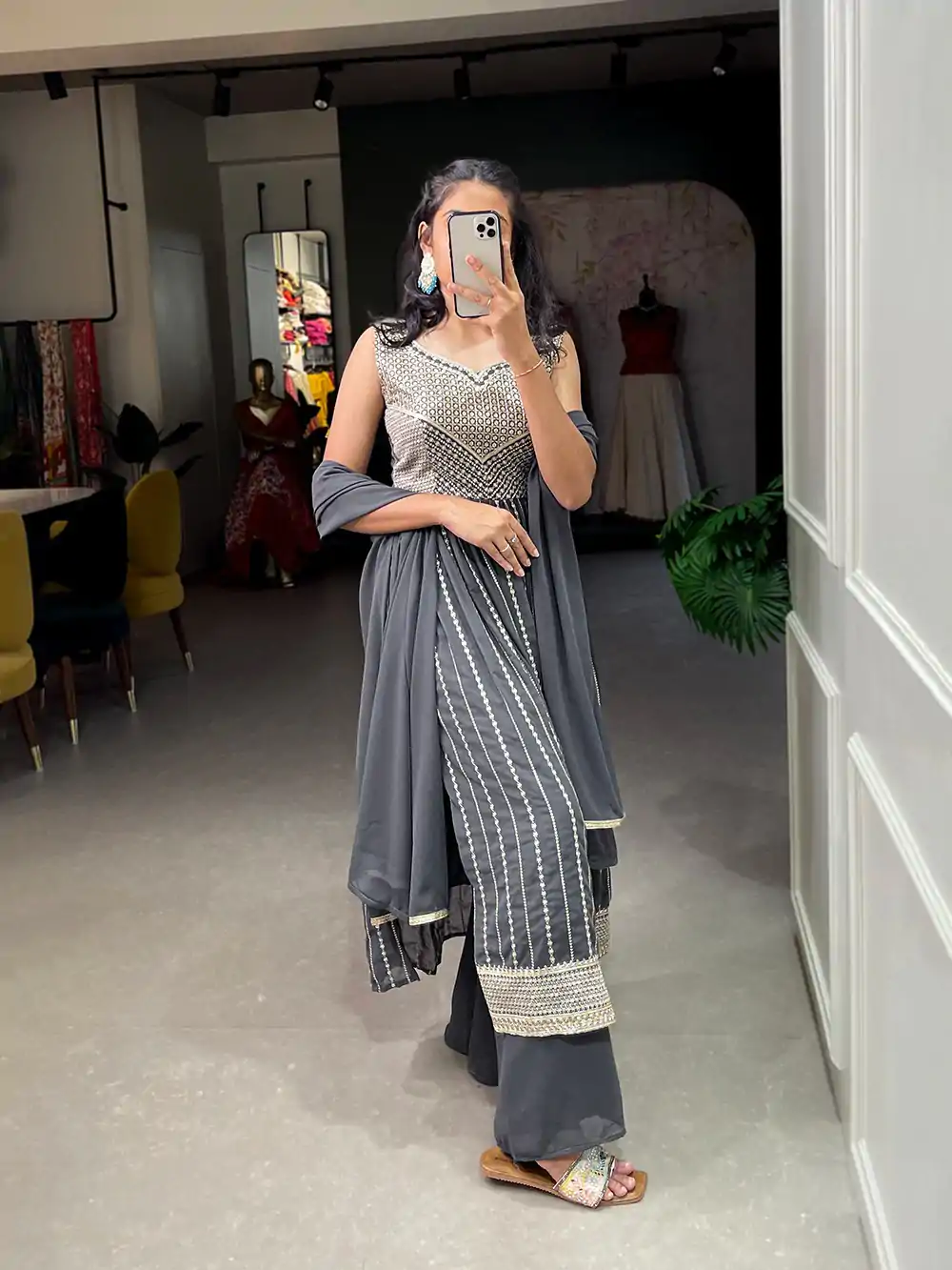YNF 3503 GREY Color Top : Georgette Work : Embroidery Sequence Work Inner : Micro Cotton .Traditional Wear, Events. @1849/- | Gowns, Bollywood Gowns, Creative Gowns, Designer Gowns, Embroidered Gowns, Party Wear Gowns