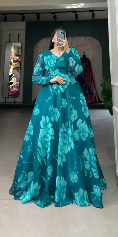 YNF 5011 Pine Green Color Chiffon Floral Printed Party Wear Gown Casual, Wedding, Party, Festive, Events Etc. Expected Delivery 4-6 Working Days @1499/- | Gowns, Bollywood Gowns, Creative Gowns, Designer Gowns, Embroidered Gowns, Party Wear Gowns