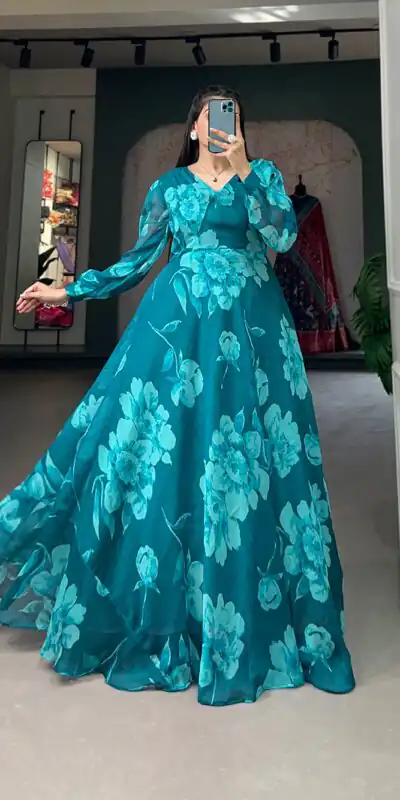 YNF 5011 Pine Green Color Chiffon Floral Printed Party Wear Gown Casual, Wedding, Party, Festive, Events Etc. Expected Delivery 4-6 Working Days @1499/- | Gowns, Bollywood Gowns, Creative Gowns, Designer Gowns, Embroidered Gowns, Party Wear Gowns