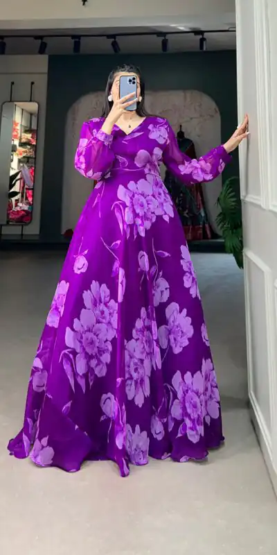YNF 5011 Purple Color Chiffon Floral Printed Party Wear Gown Casual, Wedding, Party, Festive, Events Etc. Expected Delivery 4-6 Working Days @1499/- | Gowns, Bollywood Gowns, Creative Gowns, Designer Gowns, Embroidered Gowns, Party Wear Gowns