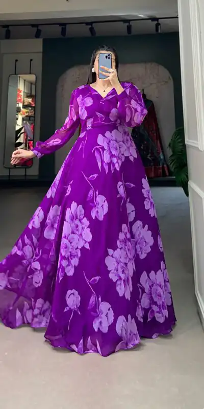 YNF 5011 Purple Color Chiffon Floral Printed Party Wear Gown Casual, Wedding, Party, Festive, Events Etc. Expected Delivery 4-6 Working Days @1499/- | Gowns, Bollywood Gowns, Creative Gowns, Designer Gowns, Embroidered Gowns, Party Wear Gowns