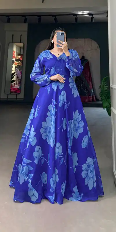 YNF 5011 Royal Blue Color Chiffon Floral Printed Party Wear Gown Casual, Wedding, Party, Festive, Events Etc. Expected Delivery 4-6 Working Days @1499/- | Gowns, Bollywood Gowns, Creative Gowns, Designer Gowns, Embroidered Gowns, Party Wear Gowns