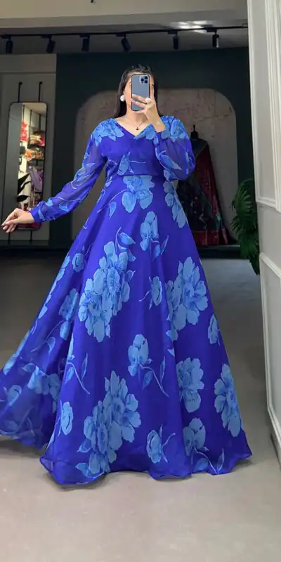 YNF 5011 Royal Blue Color Chiffon Floral Printed Party Wear Gown Casual, Wedding, Party, Festive, Events Etc. Expected Delivery 4-6 Working Days @1499/- | Gowns, Bollywood Gowns, Creative Gowns, Designer Gowns, Embroidered Gowns, Party Wear Gowns