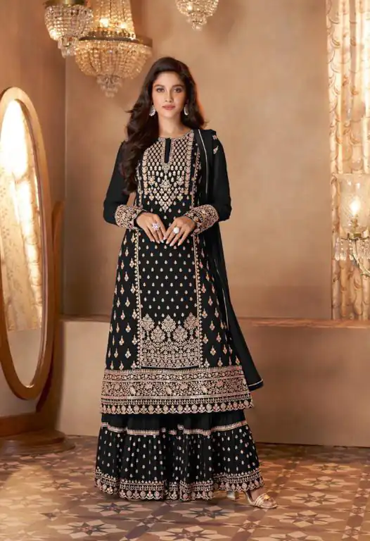 FC 128 Black Color Heavy Georgette Sequins Work Sharara Suit Blooming Georgette With Heavy Sequins Wedding, Party, Festive @2199/- | Salwar suit, Designer Suits, Casual Suits, Creative suits, Palazzo Suits, Party Wear Suits, Patiala Suits, Straight Suits