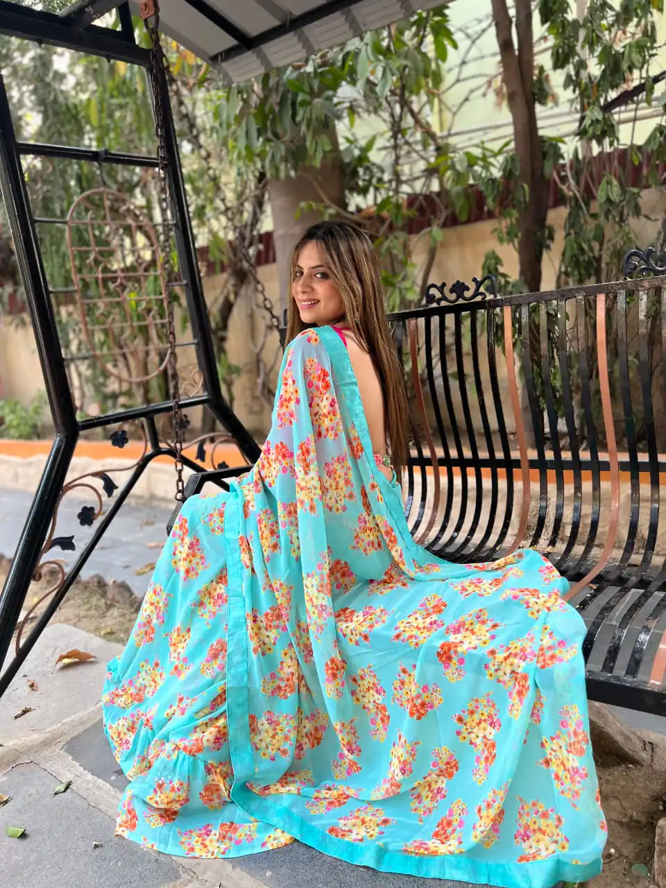 JR 510 Blue Color Digital Print Georgette With Ruffle Lace Saree Casual, Party Wear, Wedding, Events Etc. Expected Delivery 4-6 Working Days 1299/- | Sarees, Bollywood Sarees, Creative Sarees, Designer Sarees, Embroidered Sarees, Ethnic Saree, Modern Digital sarees, Party Wear Sarees