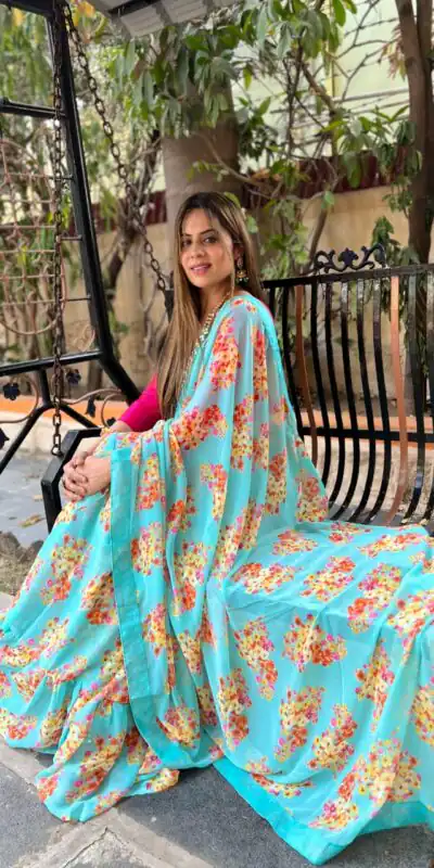 JR 510 Blue Color Digital Print Georgette With Ruffle Lace Saree Casual, Party Wear, Wedding, Events Etc. Expected Delivery 4-6 Working Days 1299/- | Sarees, Bollywood Sarees, Creative Sarees, Designer Sarees, Embroidered Sarees, Ethnic Saree, Modern Digital sarees, Party Wear Sarees