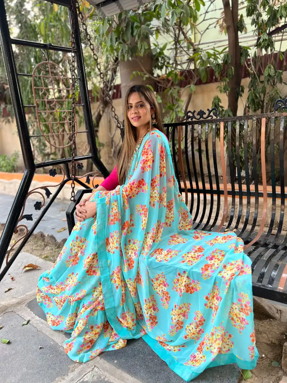 JR 510 Blue Color Digital Print Georgette With Ruffle Lace Saree Casual, Party Wear, Wedding, Events Etc. Expected Delivery 4-6 Working Days 1299/- | Sarees, Bollywood Sarees, Creative Sarees, Designer Sarees, Embroidered Sarees, Ethnic Saree, Modern Digital sarees, Party Wear Sarees