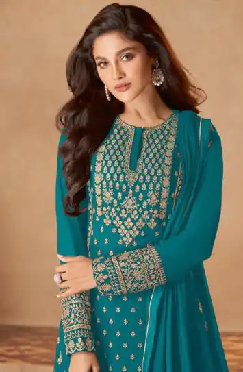 FC 128 Peacock Blue Color Georgette Sequins Work Sharara Suit Wedding, Party, Festive, Events Etc. Expected Delivery 4-6 Working Days @2199/- | Salwar suit, Designer Suits, Casual Suits, Creative suits, Palazzo Suits, Party Wear Suits, Patiala Suits, Straight Suits