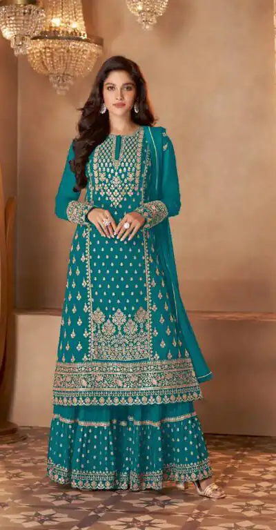 FC 128 Peacock Blue Color Georgette Sequins Work Sharara Suit Wedding, Party, Festive, Events Etc. Expected Delivery 4-6 Working Days @2199/- | Salwar suit, Designer Suits, Casual Suits, Creative suits, Palazzo Suits, Party Wear Suits, Patiala Suits, Straight Suits
