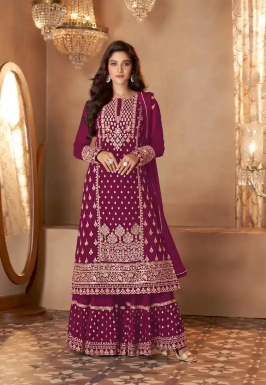 FC 128 Wine Color Georgette Sequins Work Sharara Suit Wedding, Party, Festive, Events Etc. Expected Delivery 4-6 Working Days @2199/- | Salwar suit, Designer Suits, Casual Suits, Creative suits, Palazzo Suits, Party Wear Suits, Patiala Suits, Straight Suits