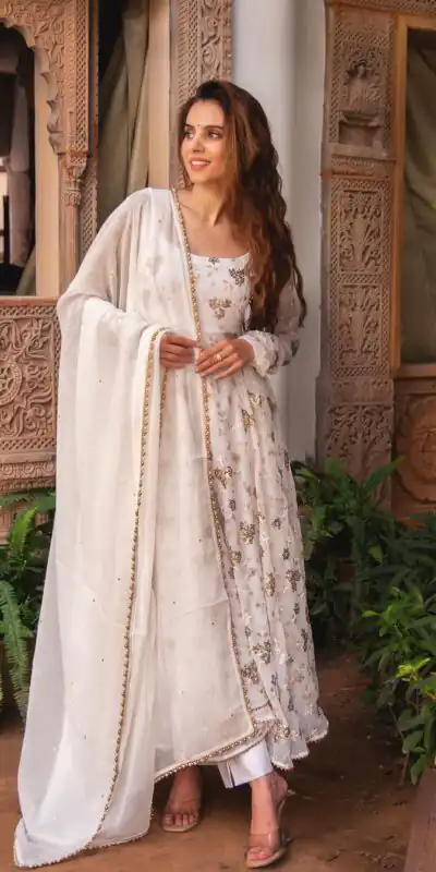 ZSR 3058 White Color Georgette Embroidery Sequence Work Gown Casual, Wedding, Party, Festive, Events Etc. Expected Delivery 4-6 Working Days 2099/- | Gowns, Bollywood Gowns, Creative Gowns, Designer Gowns, Embroidered Gowns, Party Wear Gowns