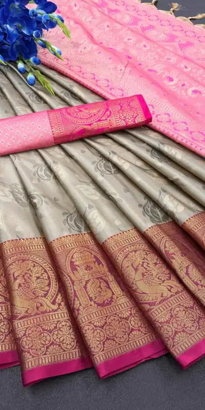 MB™️  3195 Grey Color Soft Kanjivaram Jacquard Weaving Saree Casual, Party Wear, Wedding, Events Etc. Expected Delivery 4-6 Working Days @1699/- | Sarees, Bollywood Sarees, Creative Sarees, Designer Sarees, Embroidered Sarees, Ethnic Saree, Modern Digital sarees, Party Wear Sarees