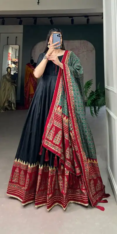 YNF 5007 Black Color Tussar Silk Print With Foil Printed Gown Casual, Wedding, Party, Festive, Events Etc. Expected Delivery 4-6 Working Days @2049/- | Gowns, Bollywood Gowns, Creative Gowns, Designer Gowns, Embroidered Gowns, Party Wear Gowns
