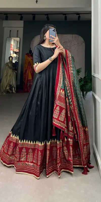 YNF 5007 Black Color Tussar Silk Print With Foil Printed Gown Casual, Wedding, Party, Festive, Events Etc. Expected Delivery 4-6 Working Days @2049/- | Gowns, Bollywood Gowns, Creative Gowns, Designer Gowns, Embroidered Gowns, Party Wear Gowns