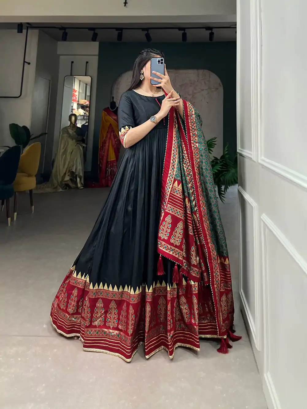 YNF 5007 Black Color Tussar Silk Print With Foil Printed Gown Casual, Wedding, Party, Festive, Events Etc. Expected Delivery 4-6 Working Days @2049/- | Gowns, Bollywood Gowns, Creative Gowns, Designer Gowns, Embroidered Gowns, Party Wear Gowns