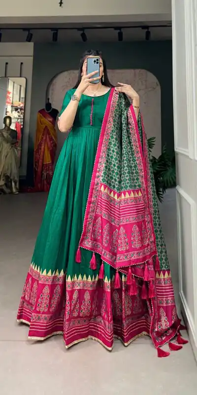 YNF 5007 Green Color Tussar Silk Print With Foil Printed Gown Casual, Wedding, Party, Festive, Events Etc. Expected Delivery 4-6 Working Days @2049/- | Gowns, Bollywood Gowns, Creative Gowns, Designer Gowns, Embroidered Gowns, Party Wear Gowns
