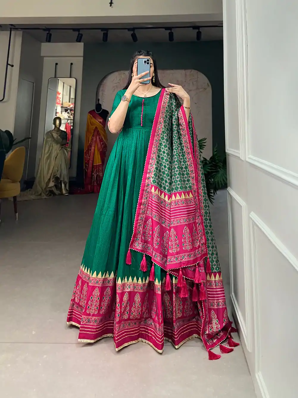 YNF 5007 Green Color Tussar Silk Print With Foil Printed Gown Casual, Wedding, Party, Festive, Events Etc. Expected Delivery 4-6 Working Days @2049/- | Gowns, Bollywood Gowns, Creative Gowns, Designer Gowns, Embroidered Gowns, Party Wear Gowns