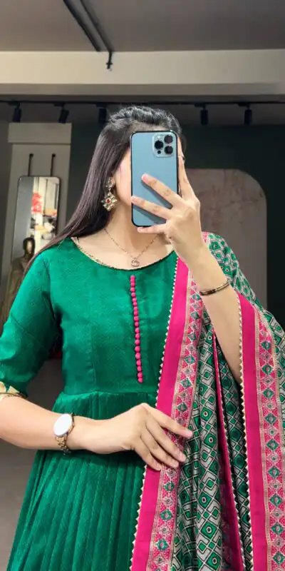 YNF 5007 Green Color Tussar Silk Print With Foil Printed Gown Casual, Wedding, Party, Festive, Events Etc. Expected Delivery 4-6 Working Days @2049/- | Gowns, Bollywood Gowns, Creative Gowns, Designer Gowns, Embroidered Gowns, Party Wear Gowns