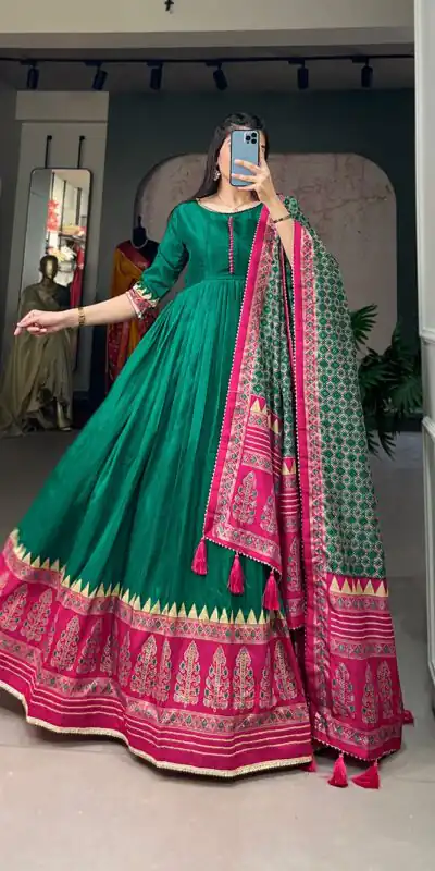 YNF 5007 Green Color Tussar Silk Print With Foil Printed Gown Casual, Wedding, Party, Festive, Events Etc. Expected Delivery 4-6 Working Days @2049/- | Gowns, Bollywood Gowns, Creative Gowns, Designer Gowns, Embroidered Gowns, Party Wear Gowns