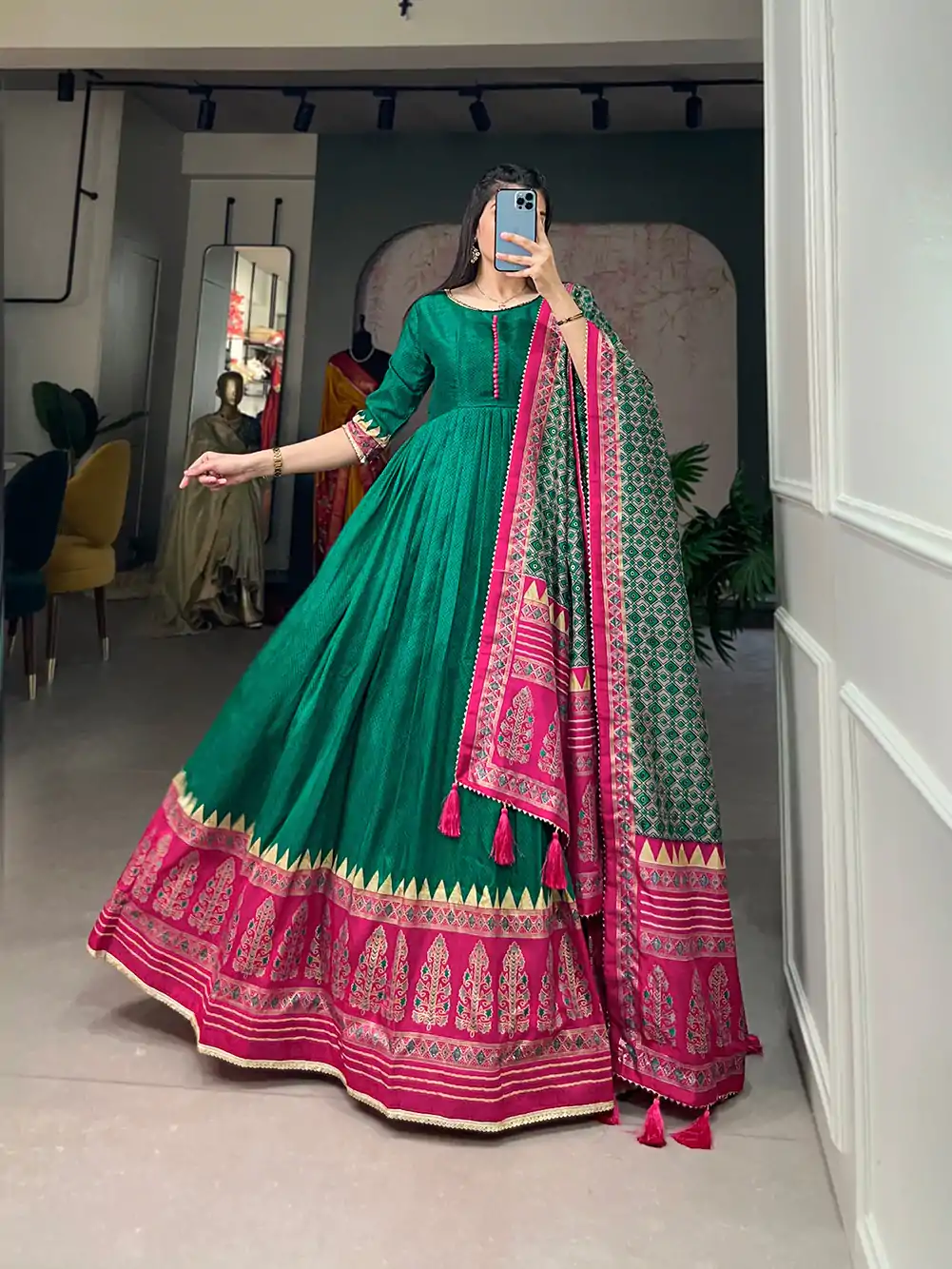 YNF 5007 Green Color Tussar Silk Print With Foil Printed Gown Casual, Wedding, Party, Festive, Events Etc. Expected Delivery 4-6 Working Days @2049/- | Gowns, Bollywood Gowns, Creative Gowns, Designer Gowns, Embroidered Gowns, Party Wear Gowns