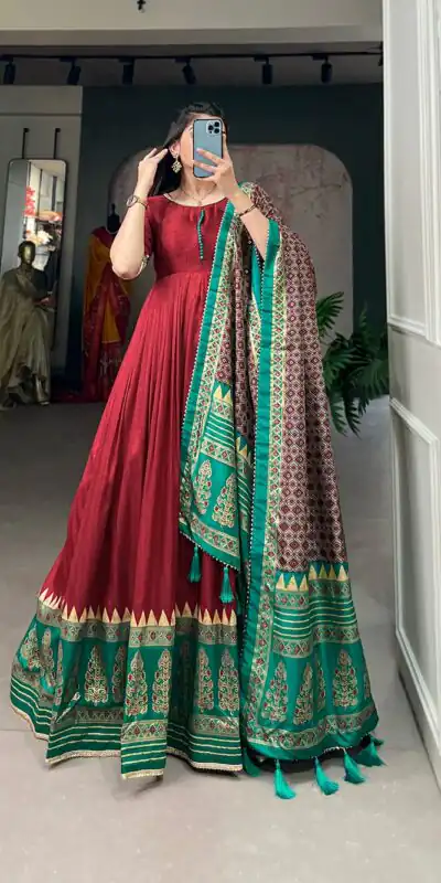 YNF 5007 Maroon Color Tussar Silk Print With Foil Printed Gown Casual, Wedding, Party, Festive, Events Etc. Expected Delivery 4-6 Working Days @2049/- | Gowns, Bollywood Gowns, Creative Gowns, Designer Gowns, Embroidered Gowns, Party Wear Gowns