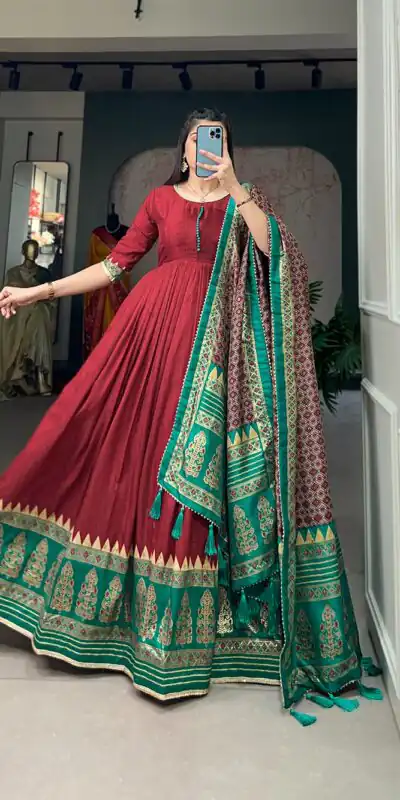 YNF 5007 Maroon Color Tussar Silk Print With Foil Printed Gown Casual, Wedding, Party, Festive, Events Etc. Expected Delivery 4-6 Working Days @2049/- | Gowns, Bollywood Gowns, Creative Gowns, Designer Gowns, Embroidered Gowns, Party Wear Gowns