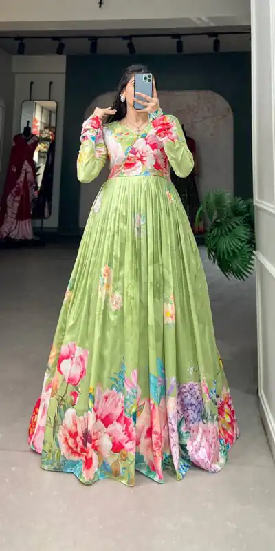 YNF 5018 Green Color tussah silk Floral Printed Gown Casual, Wedding, Party, Festive, Events Etc. Expected Delivery 4-6 Working Days @1899/- | Gowns, Bollywood Gowns, Creative Gowns, Designer Gowns, Embroidered Gowns, Party Wear Gowns