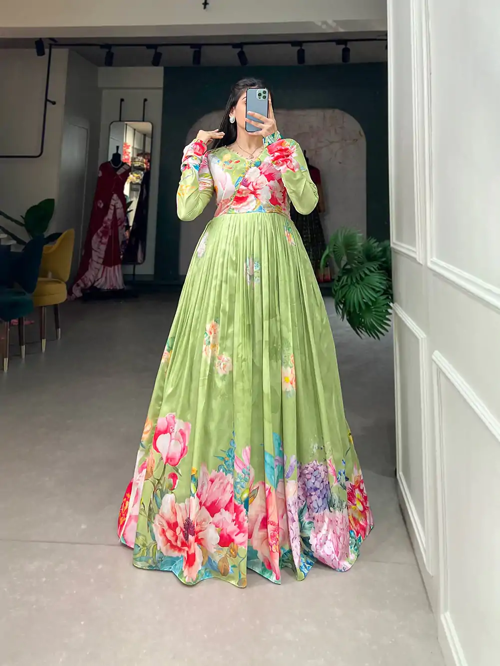 YNF 5018 Green Color tussah silk Floral Printed Gown Casual, Wedding, Party, Festive, Events Etc. Expected Delivery 4-6 Working Days @1899/- | Gowns, Bollywood Gowns, Creative Gowns, Designer Gowns, Embroidered Gowns, Party Wear Gowns