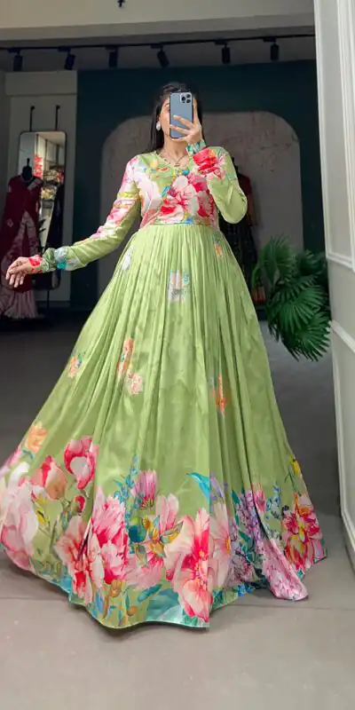 YNF 5018 Green Color tussah silk Floral Printed Gown Casual, Wedding, Party, Festive, Events Etc. Expected Delivery 4-6 Working Days @1899/- | Gowns, Bollywood Gowns, Creative Gowns, Designer Gowns, Embroidered Gowns, Party Wear Gowns