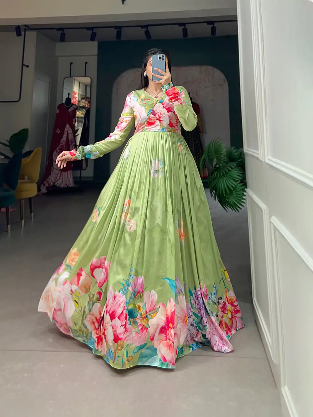YNF 5018 Green Color tussah silk Floral Printed Gown Casual, Wedding, Party, Festive, Events Etc. Expected Delivery 4-6 Working Days @1899/- | Gowns, Bollywood Gowns, Creative Gowns, Designer Gowns, Embroidered Gowns, Party Wear Gowns