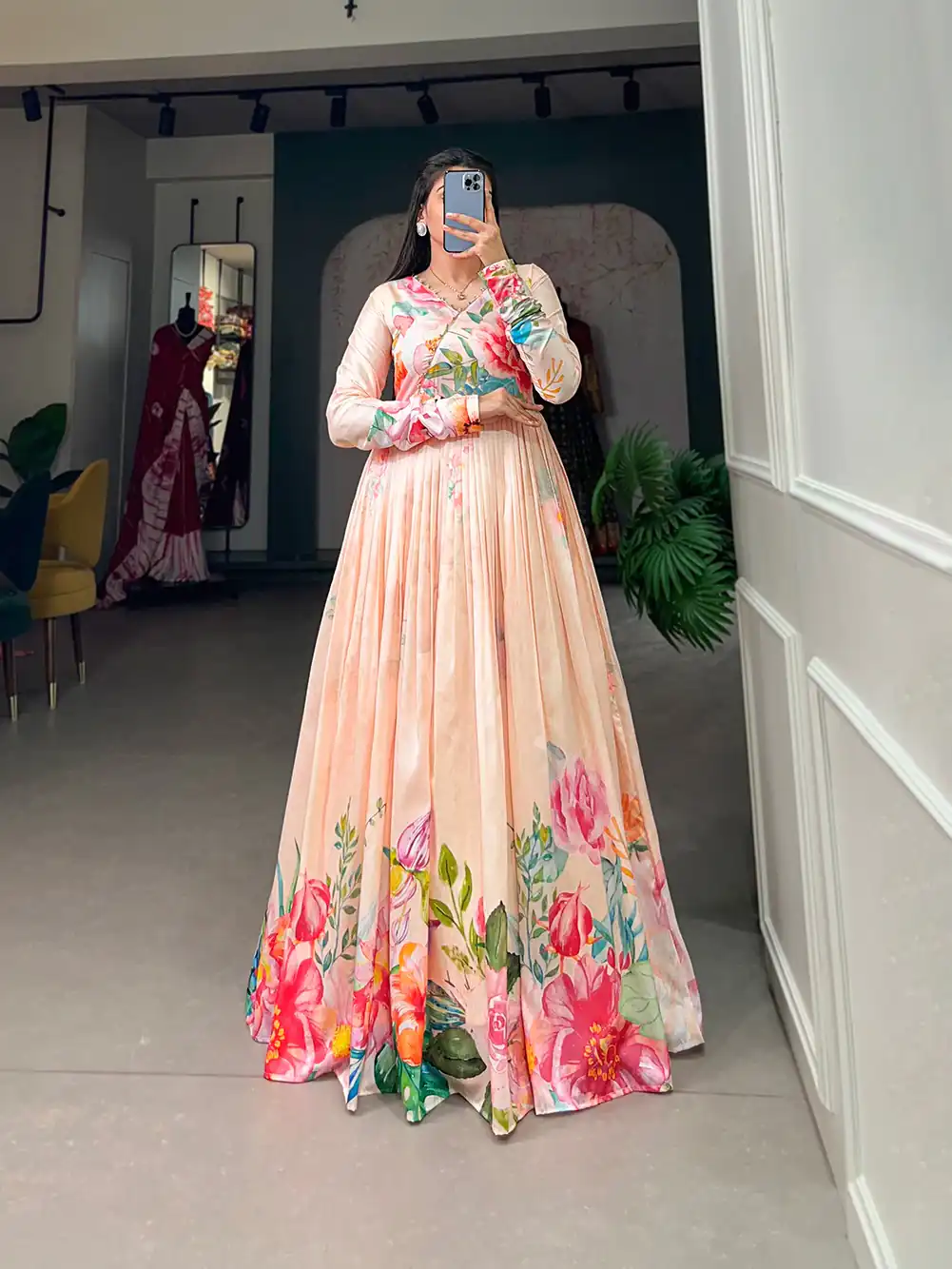 YNF 5018 Light Orange Color tussah silk Floral Printed Gown Casual, Wedding, Party, Festive, Events Etc. Expected Delivery 4-6 Working Days @1899/- | Gowns, Bollywood Gowns, Creative Gowns, Designer Gowns, Embroidered Gowns, Party Wear Gowns