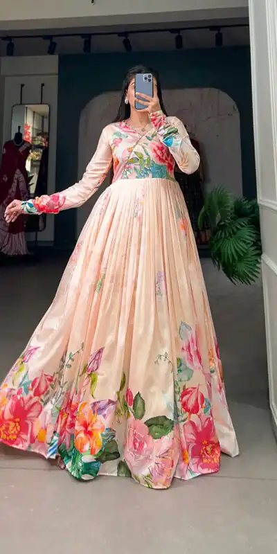 YNF 5018 Light Orange Color tussah silk Floral Printed Gown Casual, Wedding, Party, Festive, Events Etc. Expected Delivery 4-6 Working Days @1899/- | Gowns, Bollywood Gowns, Creative Gowns, Designer Gowns, Embroidered Gowns, Party Wear Gowns
