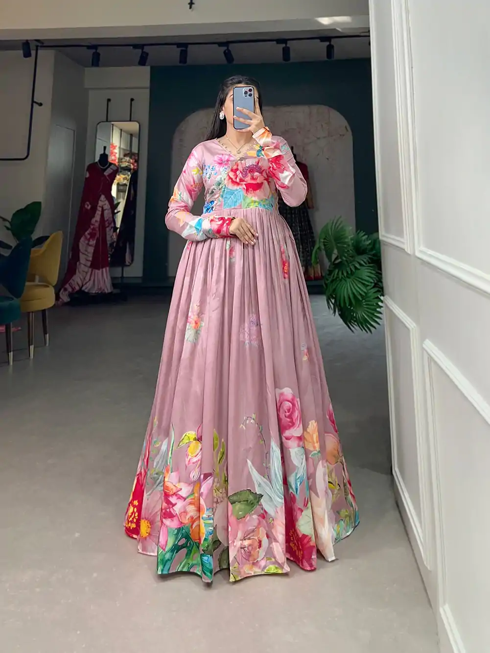YNF 5018 Onion Pink Color tussah silk Floral Printed Gown Casual, Wedding, Party, Festive, Events Etc. Expected Delivery 4-6 Working Days @1899/- | Gowns, Bollywood Gowns, Creative Gowns, Designer Gowns, Embroidered Gowns, Party Wear Gowns