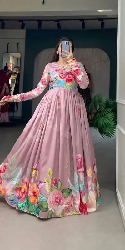 YNF 5018 Onion Pink Color tussah silk Floral Printed Gown Casual, Wedding, Party, Festive, Events Etc. Expected Delivery 4-6 Working Days @1899/- | Gowns, Bollywood Gowns, Creative Gowns, Designer Gowns, Embroidered Gowns, Party Wear Gowns