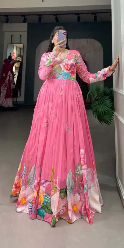 YNF 5018 Pink Color tussah silk Floral Printed gown Casual, Wedding, Party, Festive, Events Etc. Expected Delivery 4-6 Working Days @1899/- | Gowns, Bollywood Gowns, Creative Gowns, Designer Gowns, Embroidered Gowns, Party Wear Gowns