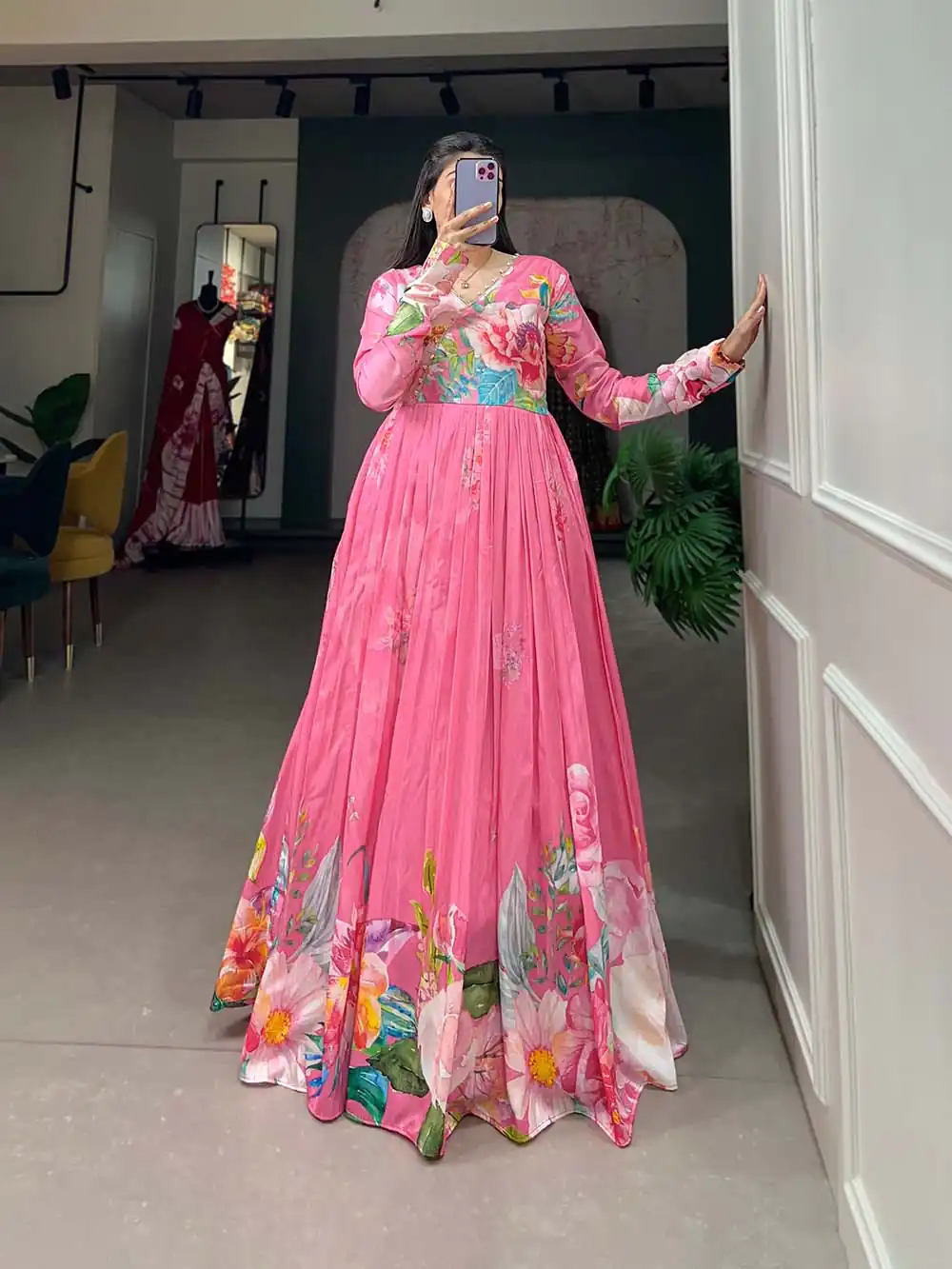 YNF 5018 Pink Color tussah silk Floral Printed gown Casual, Wedding, Party, Festive, Events Etc. Expected Delivery 4-6 Working Days @1899/- | Gowns, Bollywood Gowns, Creative Gowns, Designer Gowns, Embroidered Gowns, Party Wear Gowns